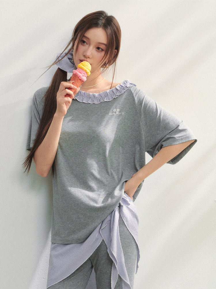 Checkered Asymmetric Shoulder Short-Sleeve T-Shirt & Pants Set