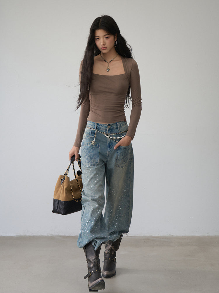 One-Shoulder Strapless Long-Sleeve Blouse