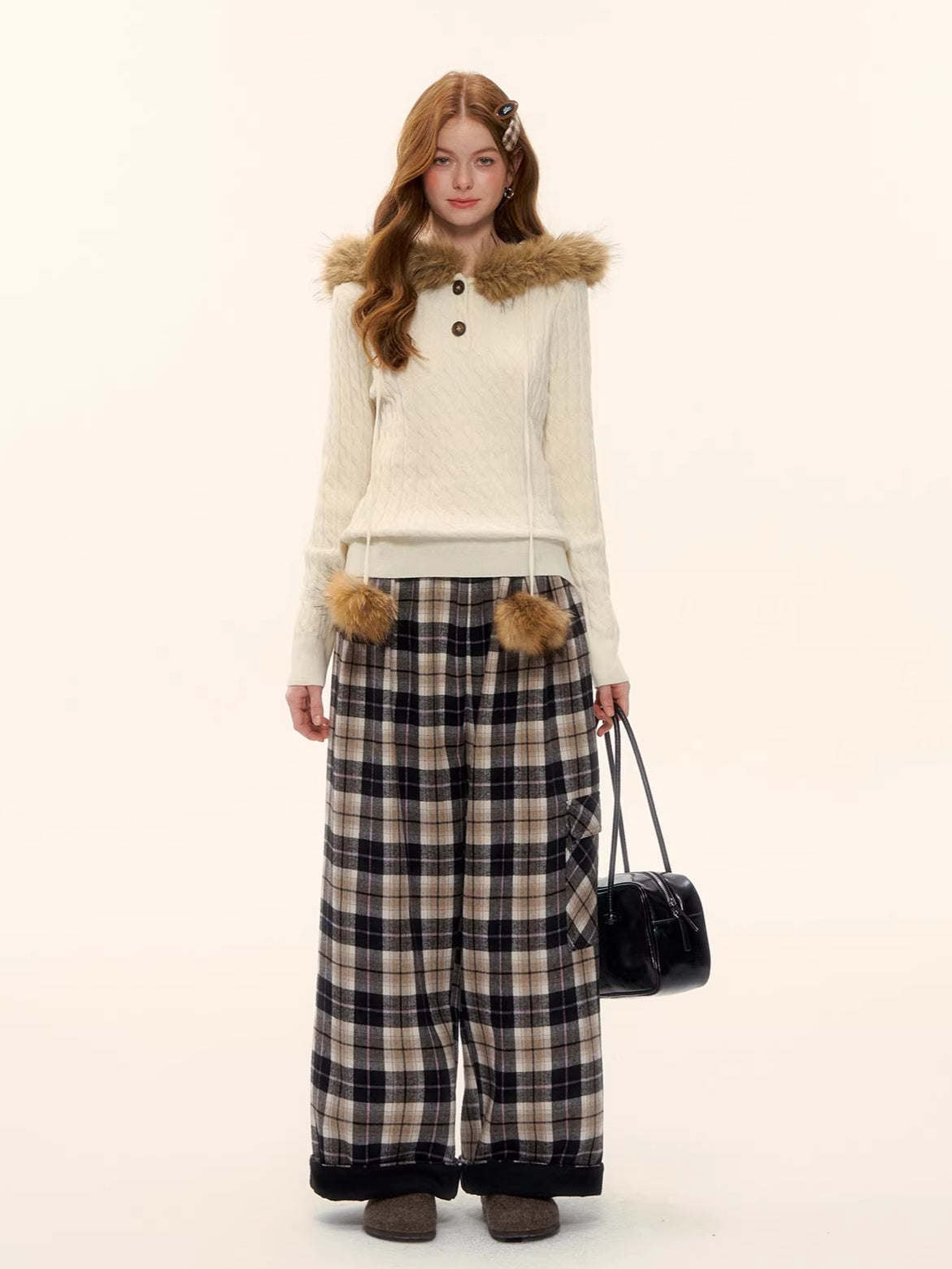 Contrast Plaid Wide-Leg Pants
