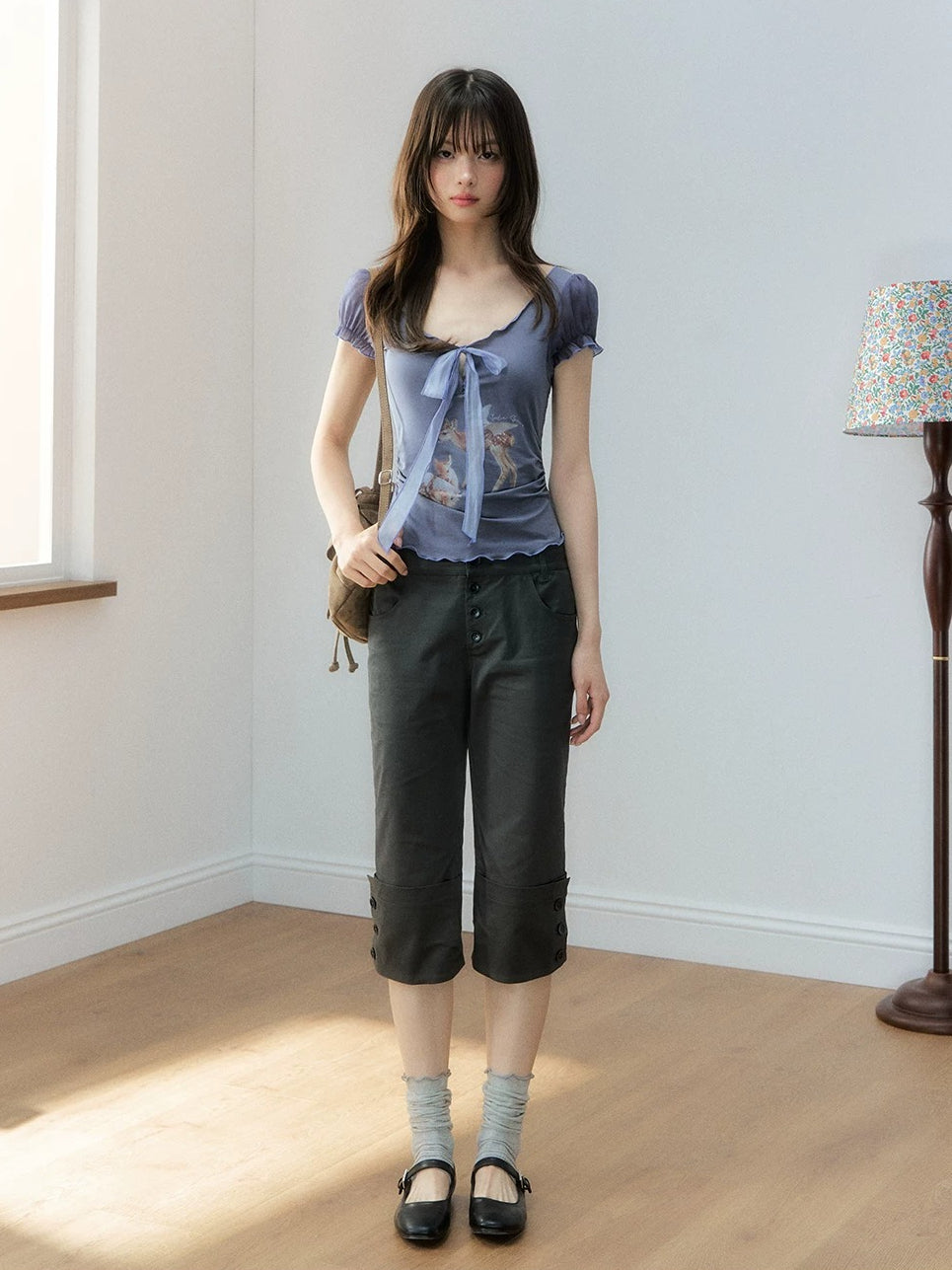 Lyocell Deer Ribbon Print Top