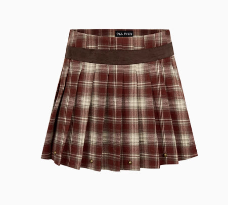 Red & Coffee Plaid Pleated Mini Skirt