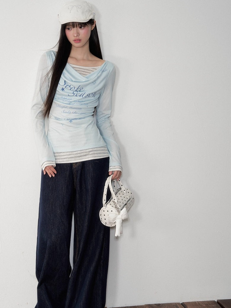 Blue & Gray Printed Draped Long-Sleeve T-shirt