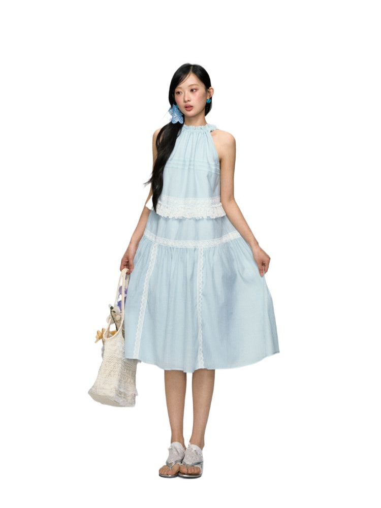 Halter Off-shoulder Lace-trimmed Dress