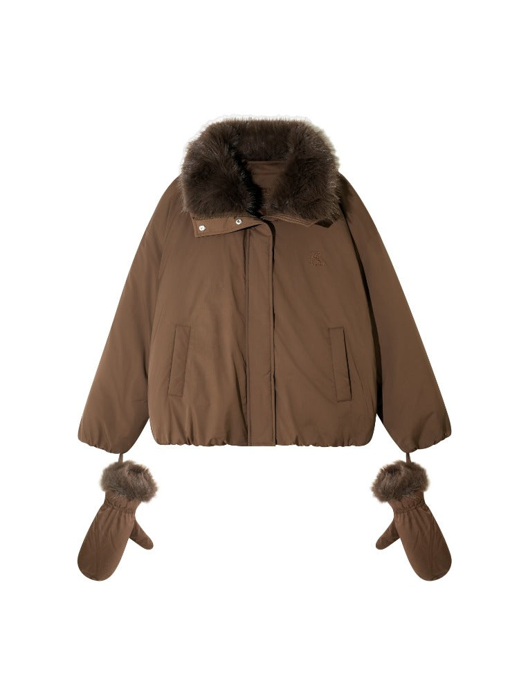 Detachable Fur Collar Short Down Jacket & Gloves Set