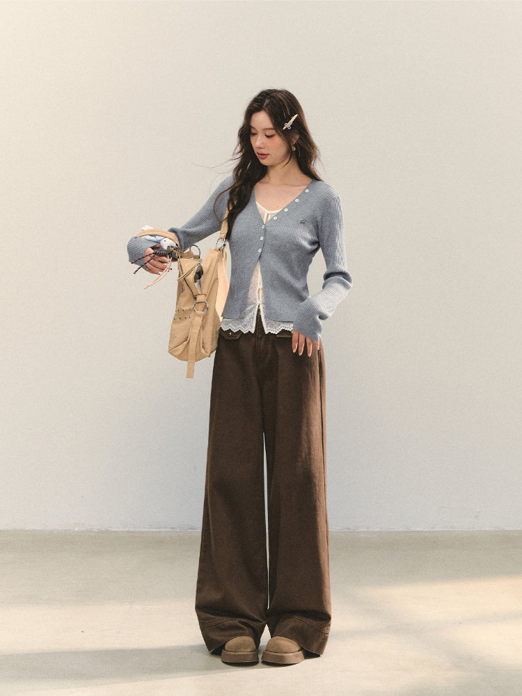 Lace Tie Fake Two-Piece Knitted Cardigan