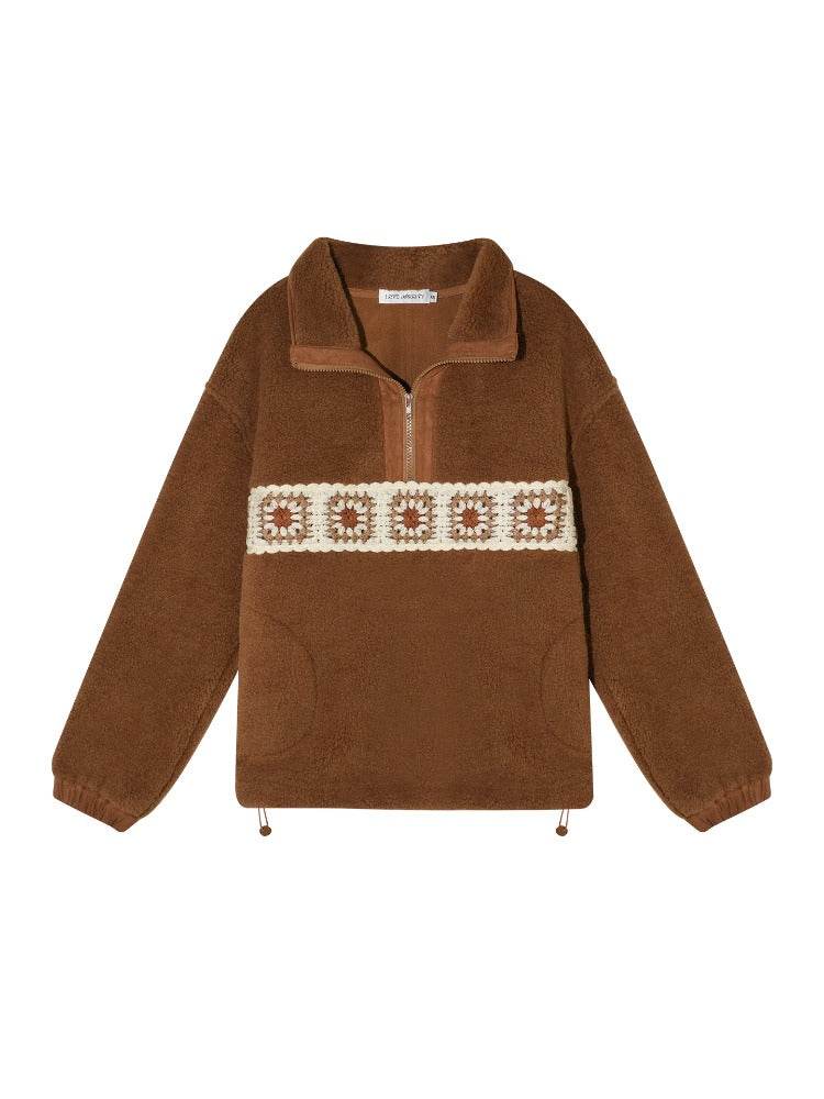 Brown Patchwork Teddy Fleece Zip-Up Sweatshirt