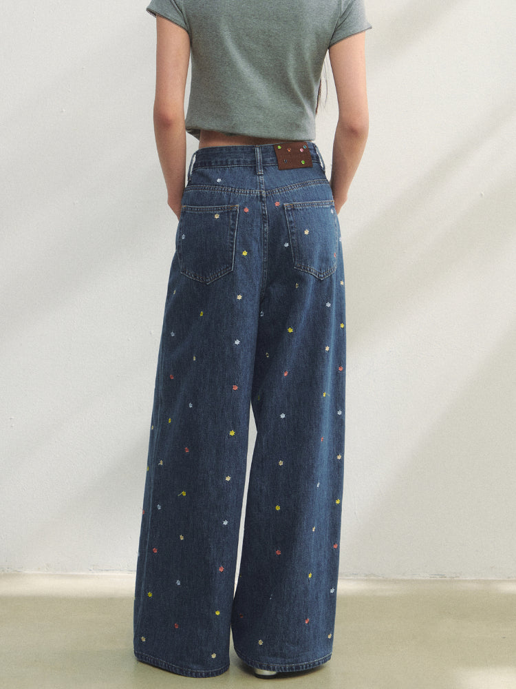 Colorful Floral Embroidered Straight-Leg Jeans