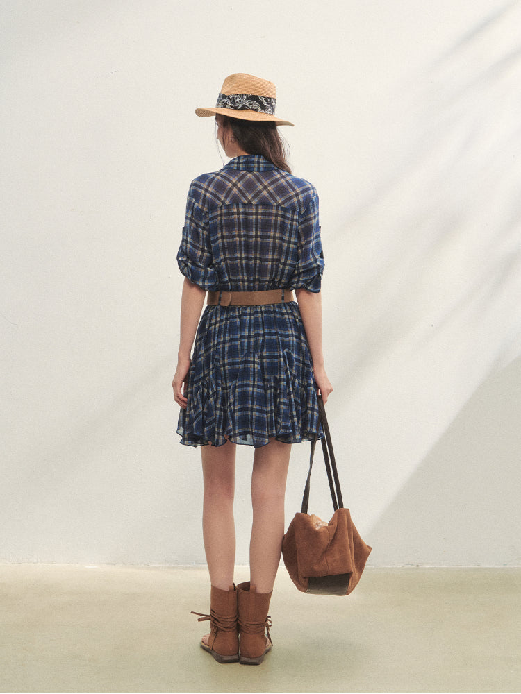 Collared Checked Waist-fitted Long-sleeve Shirt Dress