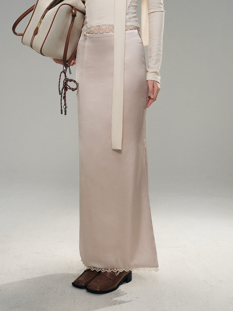 Lace Satin Midi Skirt