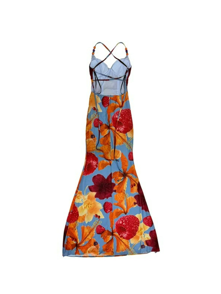 Tropical Backless Tie Maxi Dress