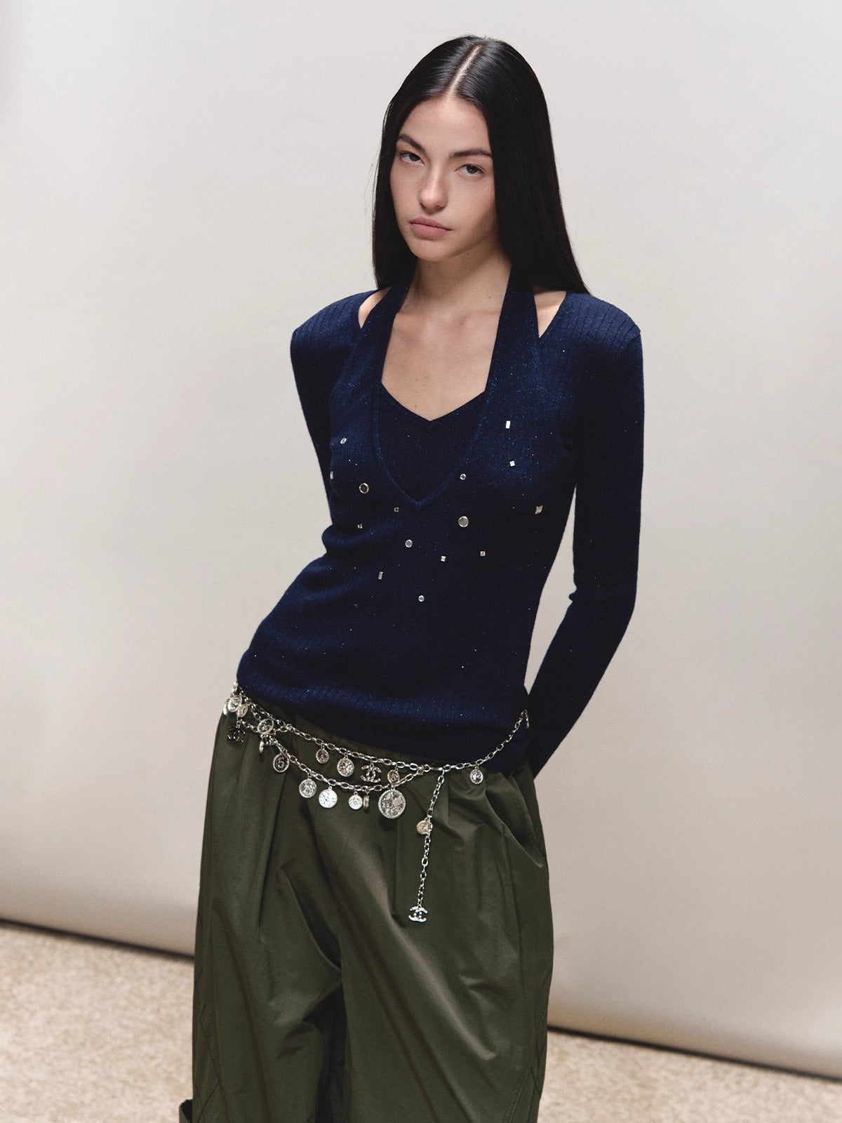 Wool Halter Sequin Long-Sleeve Top