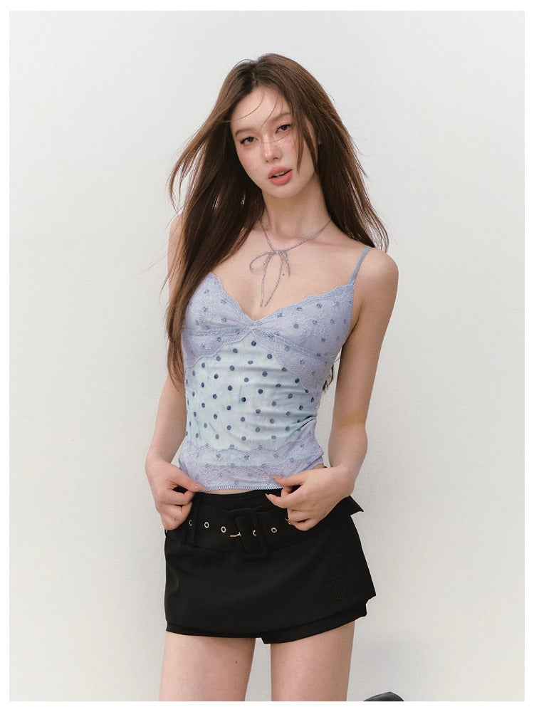 Irregular Tie-Dye Polka Dot Lace Tank Top