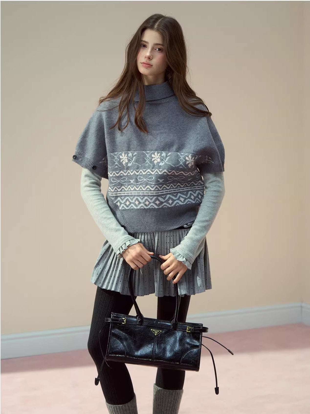 Beige & Gray Fair-Isle Cape Sweater