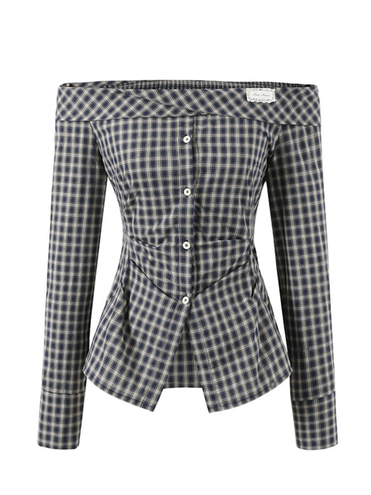 One-Shoulder Waist-Cinching Checked Shirt
