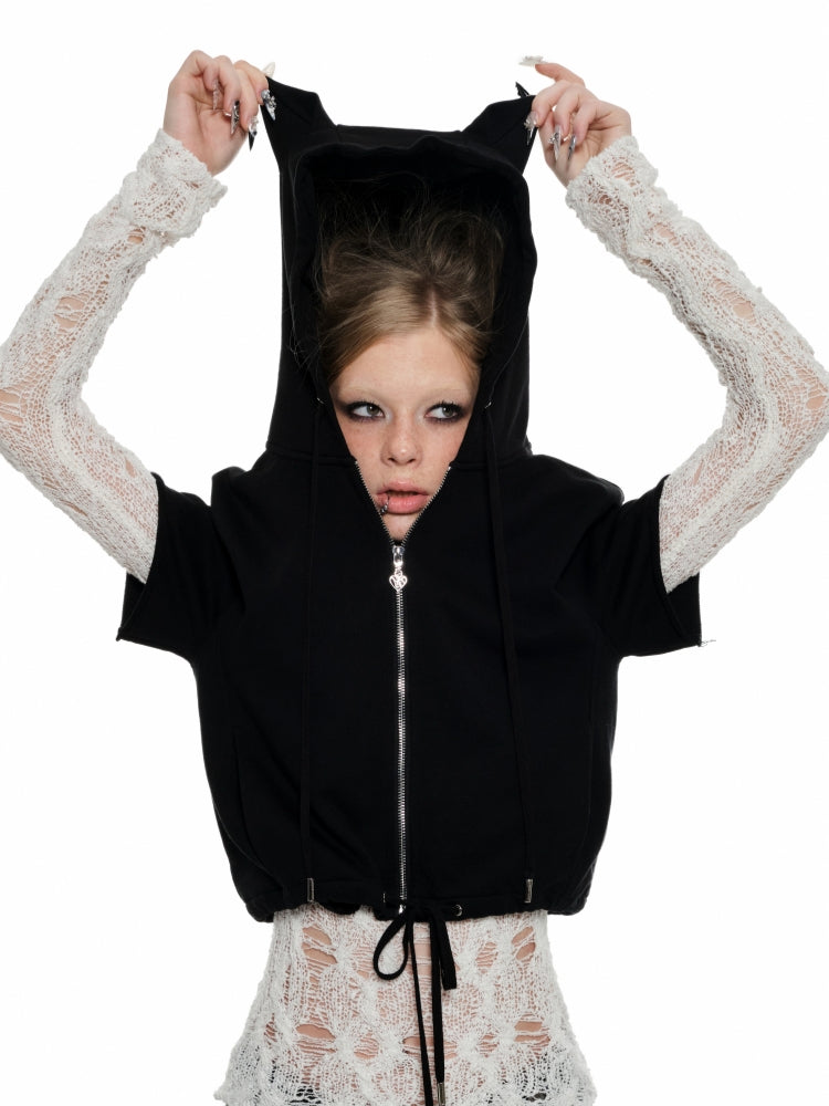 Black & White Cat-ear Short-sleeve Hoodie