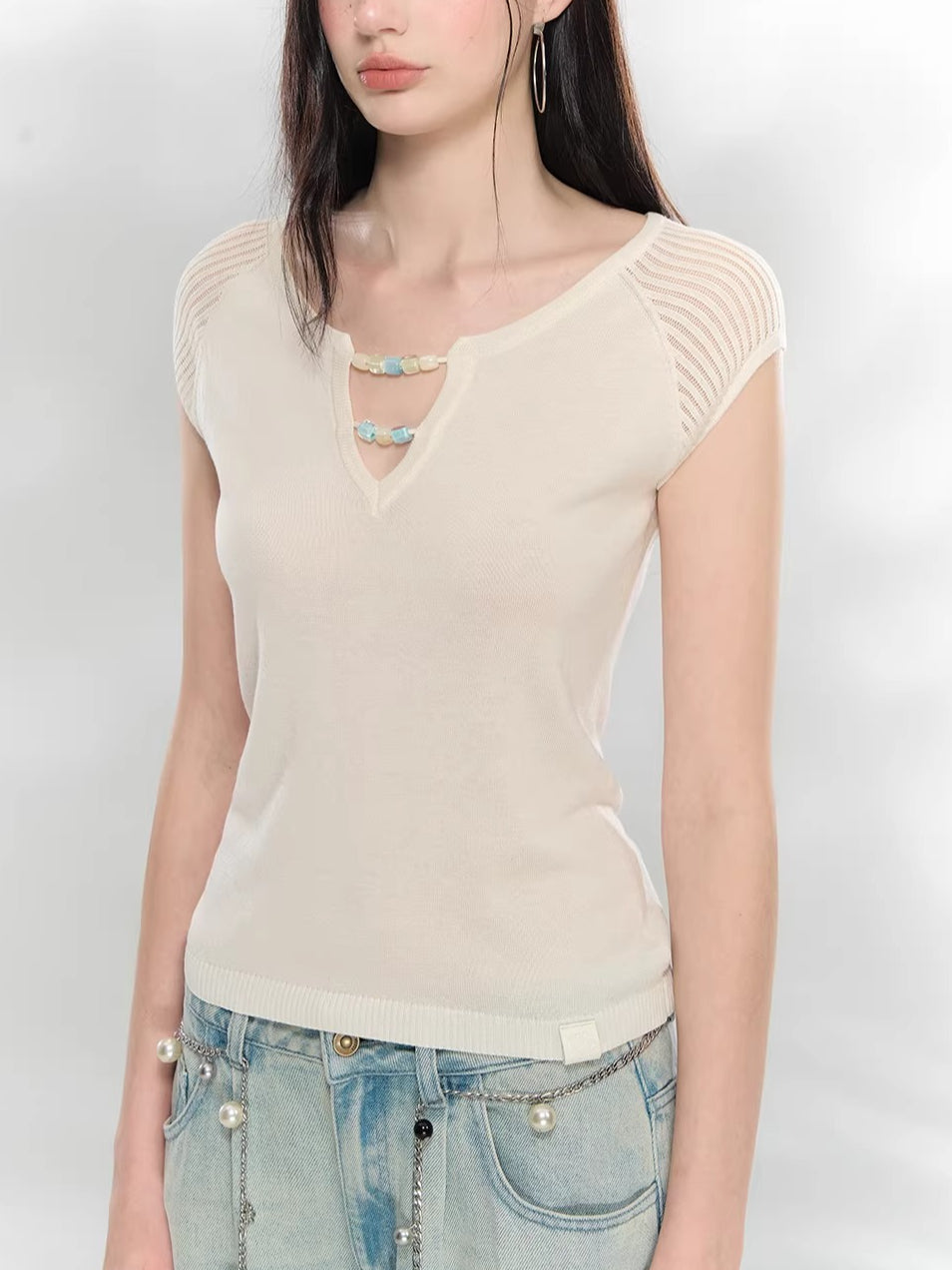 Beaded V-Neck Knit Top