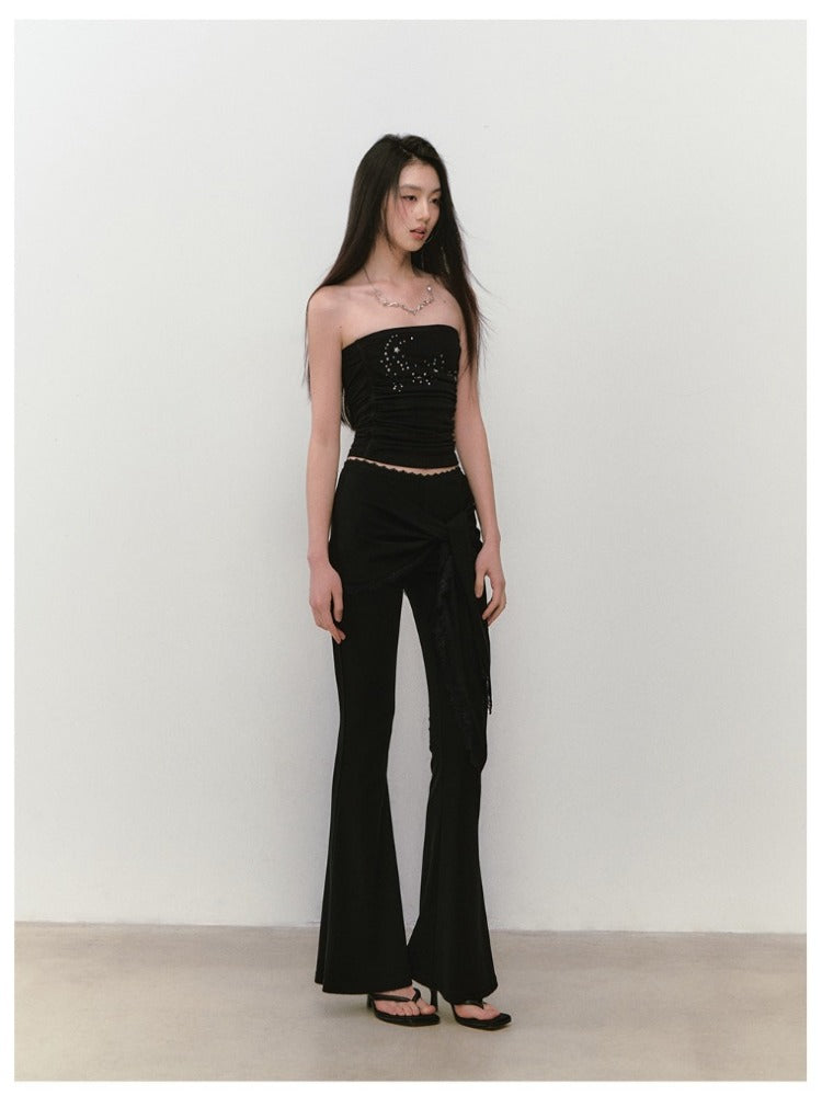 Lace-Trimmed Tie-Waist Lyocell Trousers