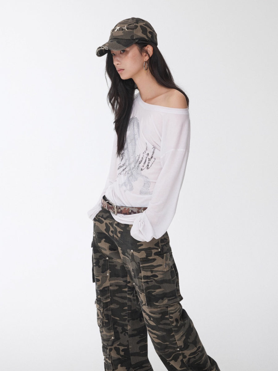 Rhinestone Embellished Asymmetric Drape T-shirt