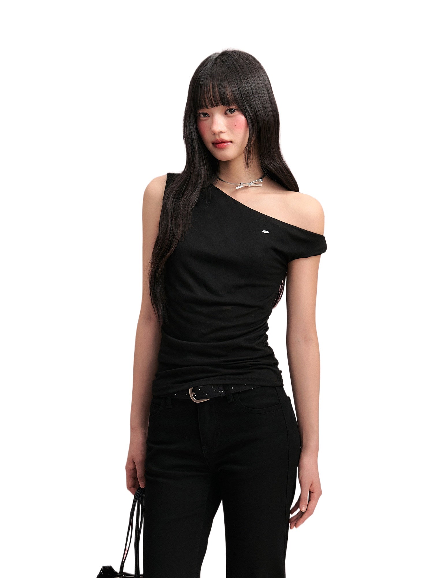 Black Asymmetric Shoulder Top