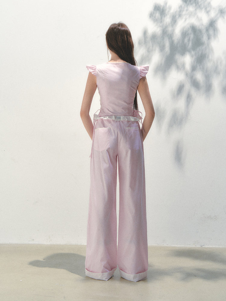 Vertical Striped Drawstring Waist Pink - Blue Pants