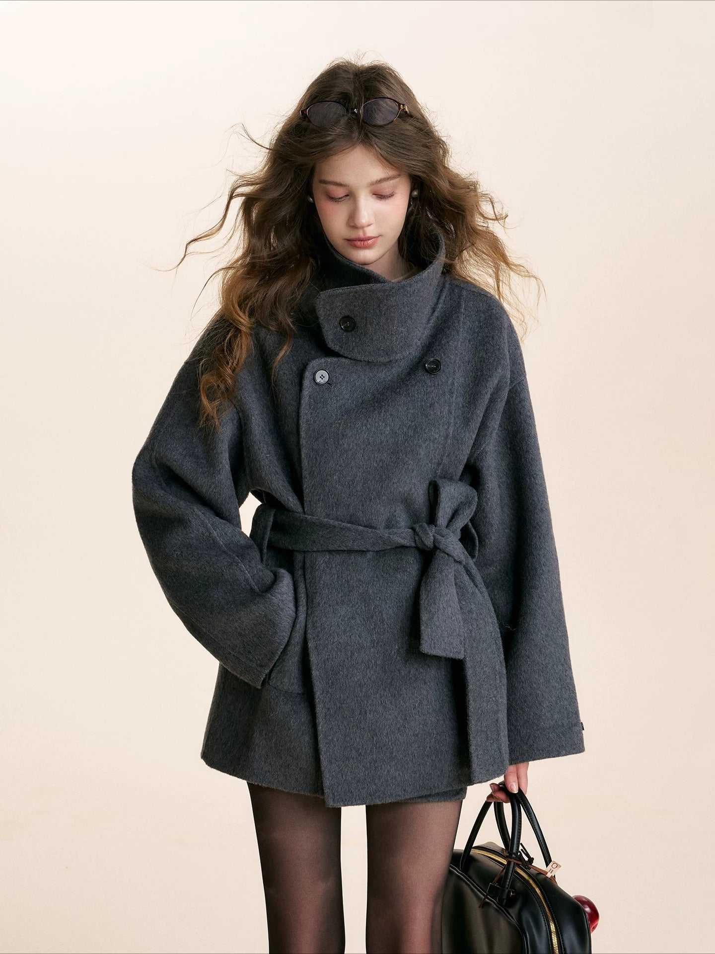 Gray Stand Collar Wool Coat