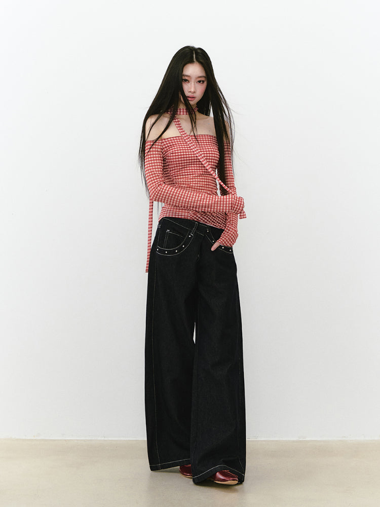 Irregular Waist Original Color Wide-Leg Denim Pants