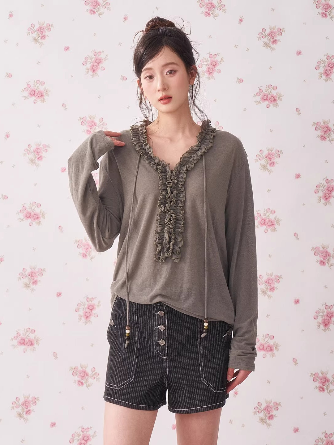 Ruffle Drawstring Knit Top