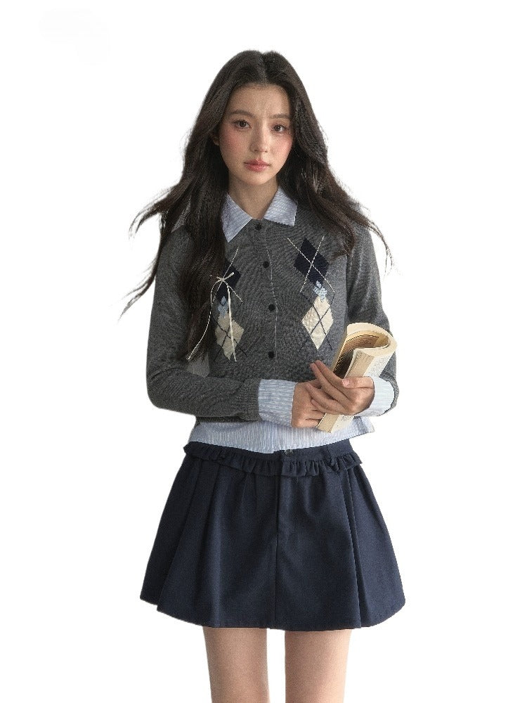 Faux Two-Piece Patchwork Shirt Collar Sweater
