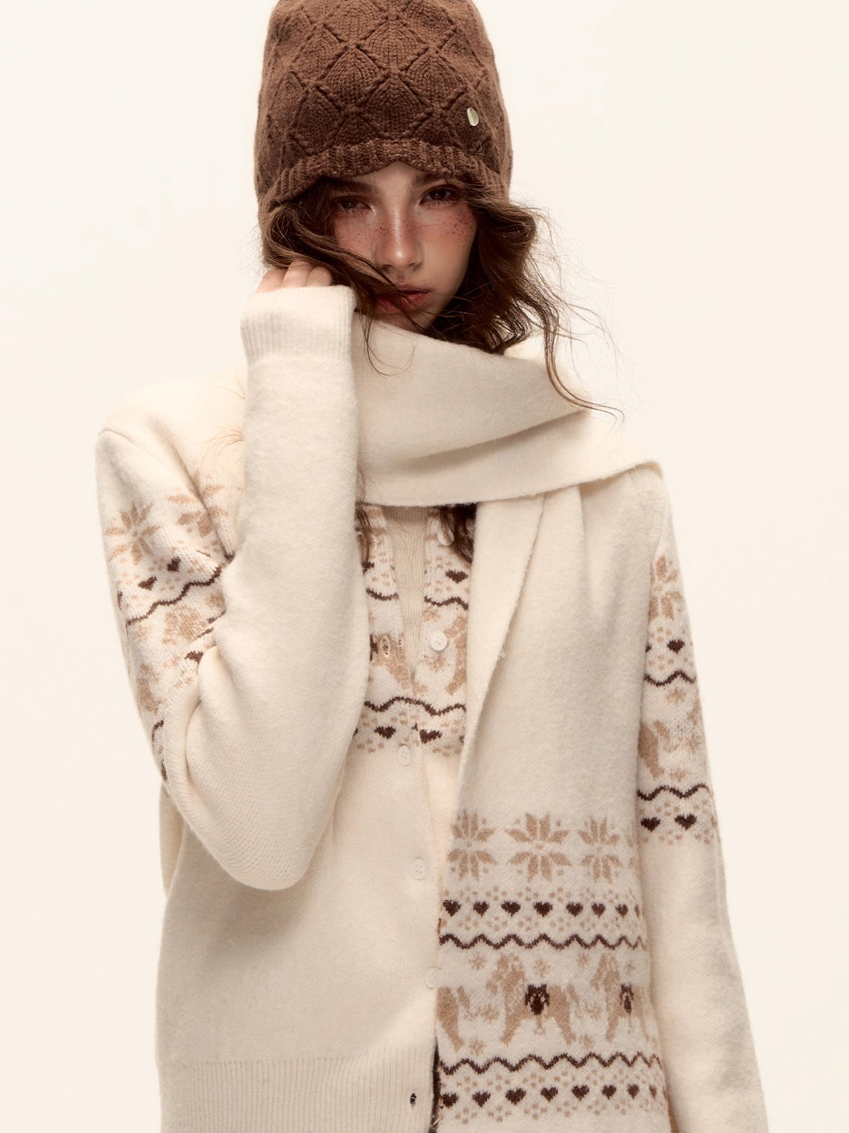 Fair Isle Knit Cardigan and Scarf Set