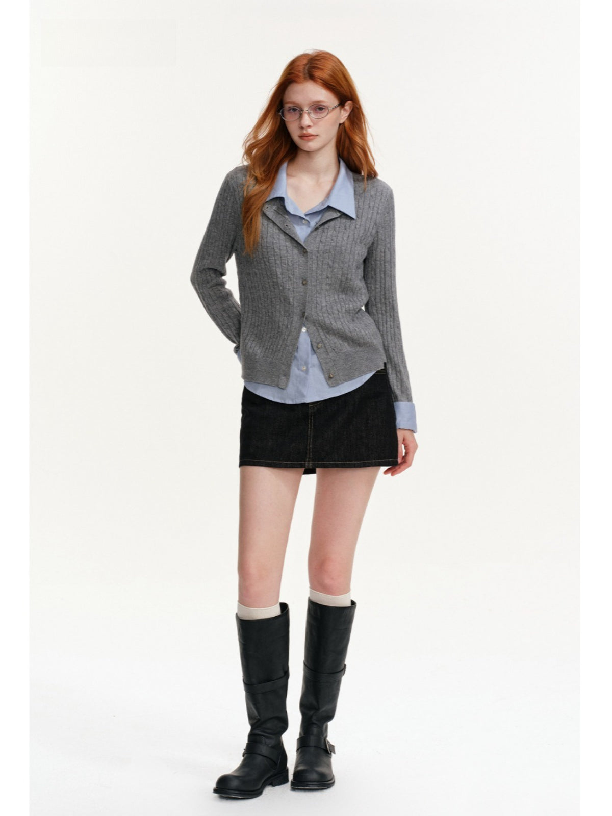 Cable Knit Layered Shirt Cardigan