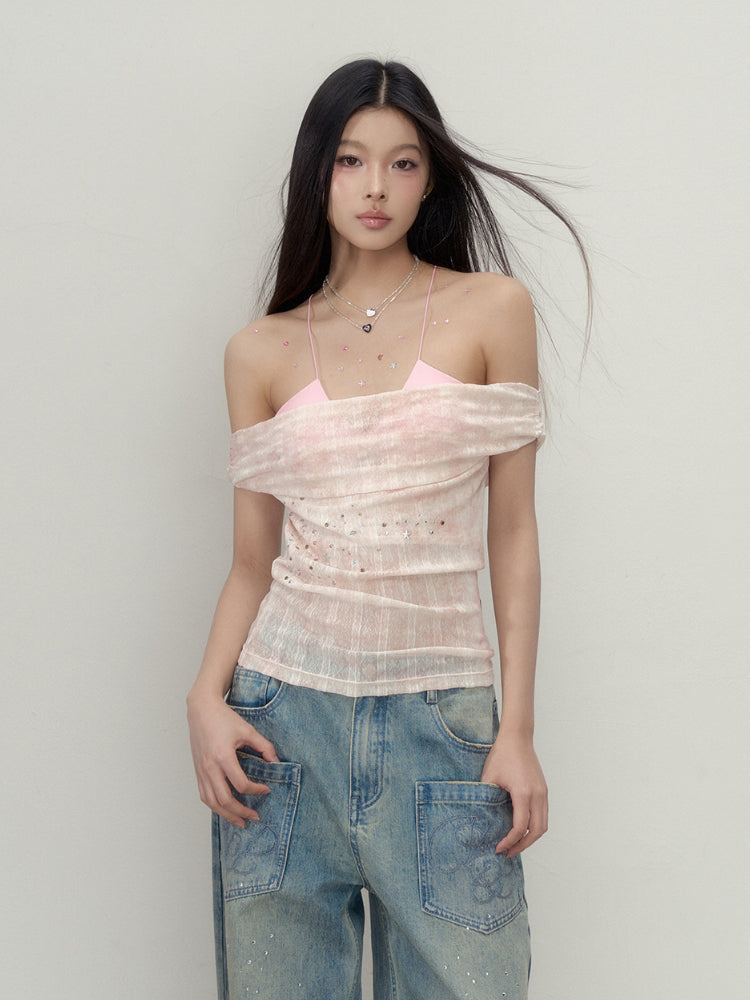 Colorful Rhinestone One-Shoulder Top T-shirt