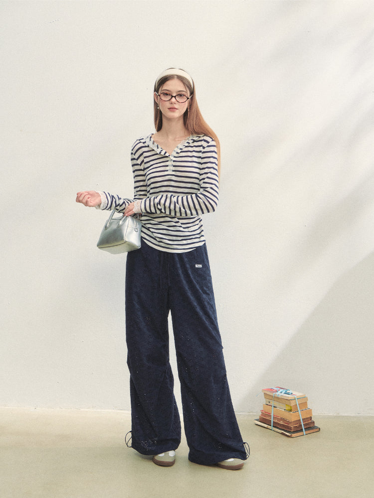 Hollow Embroidery Tie-up Casual Pants