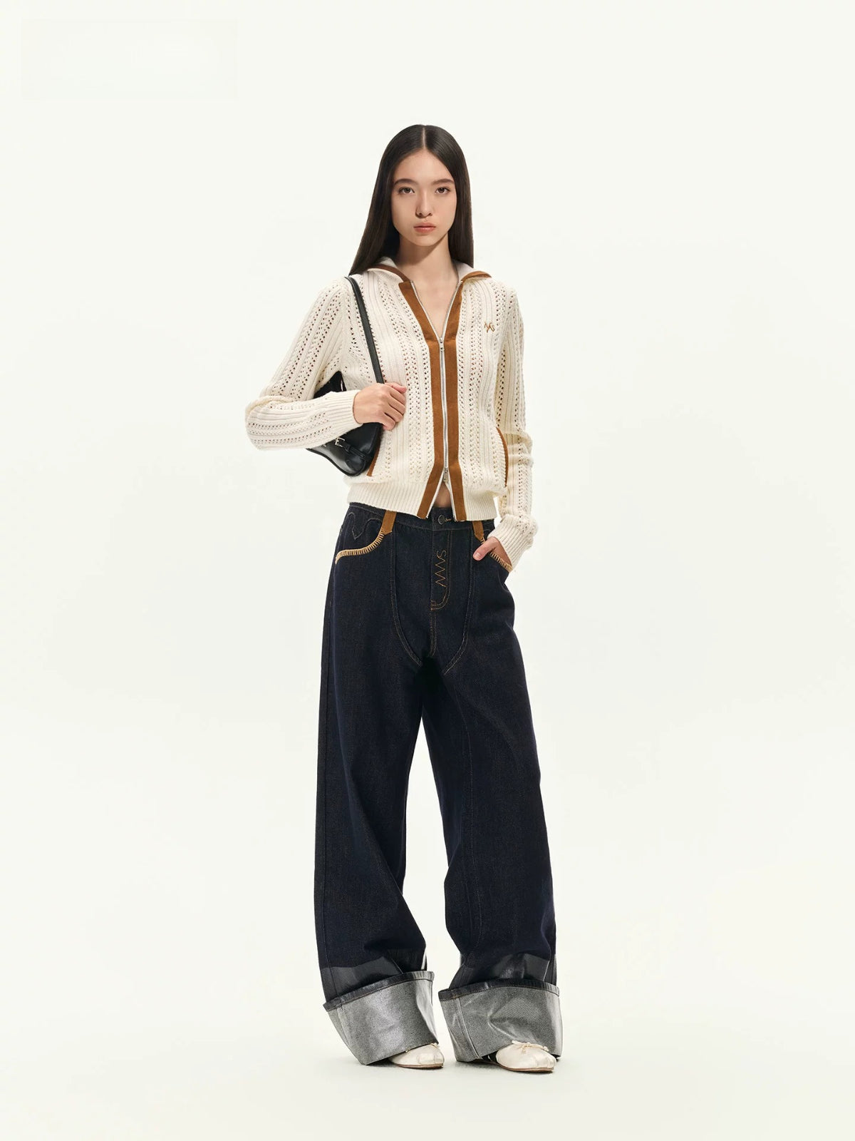 Vintage Coated Folded Wide Leg Jeans