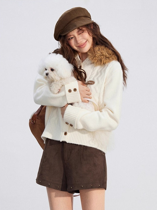 Cable Knit Fur-Collar Hoodie