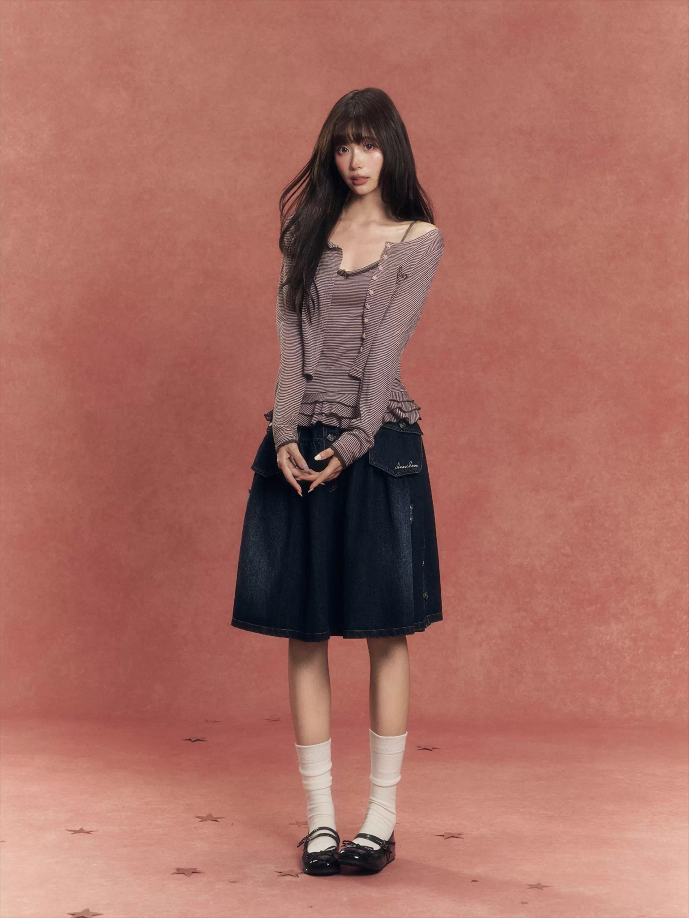 Lyocell Stripe Cardigan & Lace-Trim Cami Set