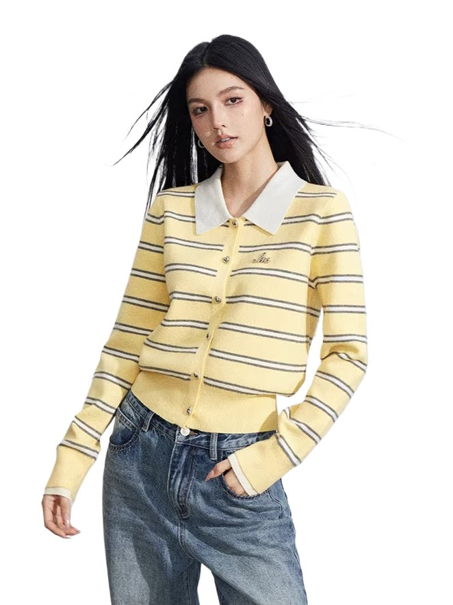 Yellow & Gray Striped Polo Knit Top