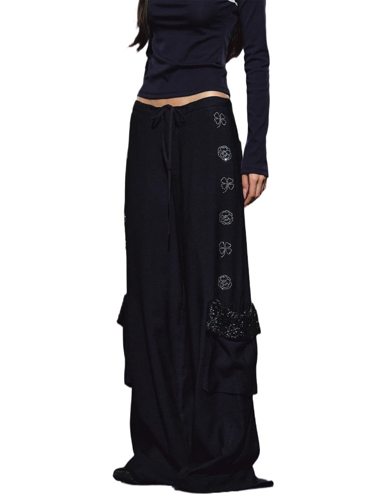 Rhinestone Pocket Drawstring Wide-Leg Pants