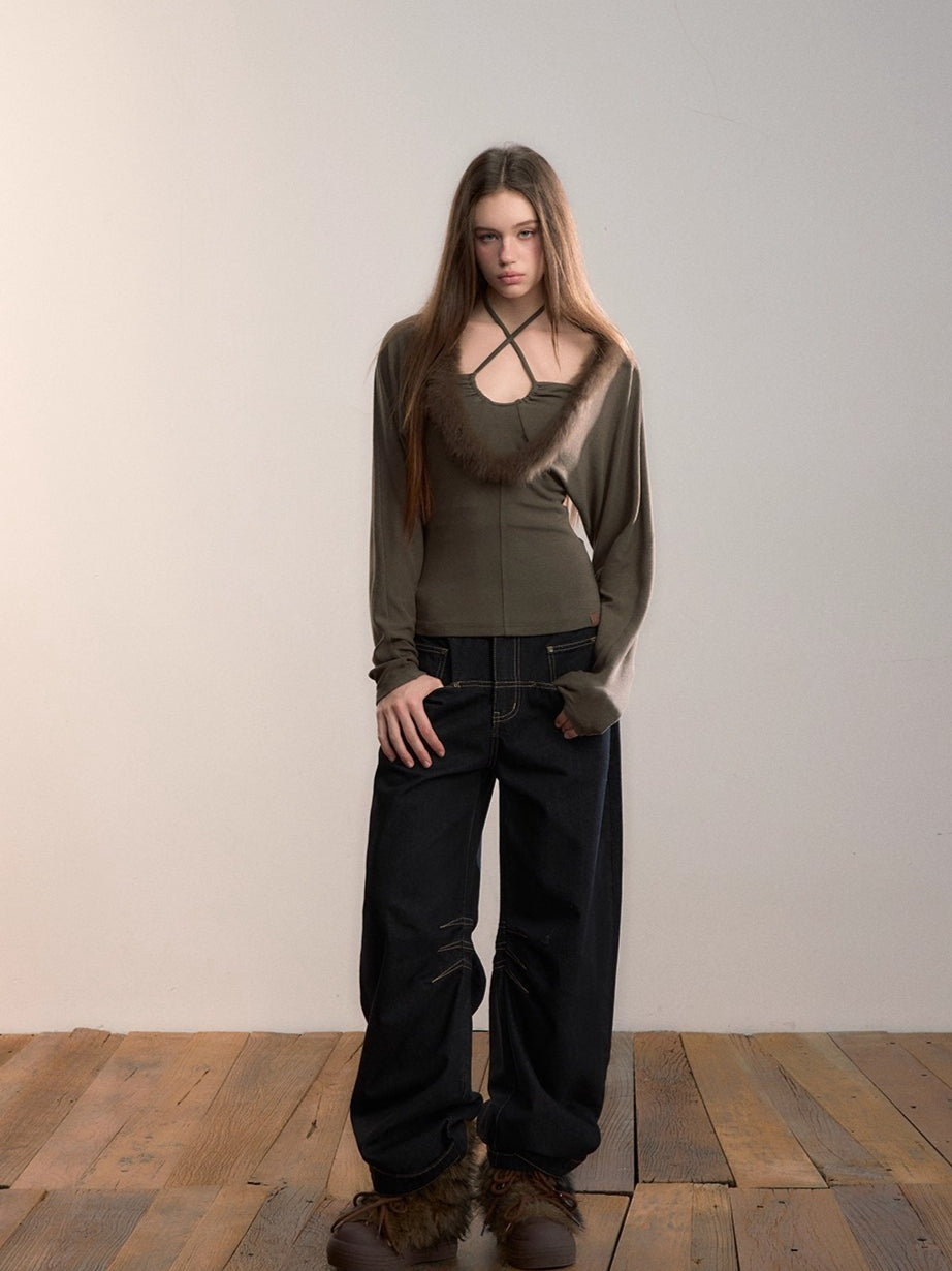 Fox-Trim Halter Knit Top