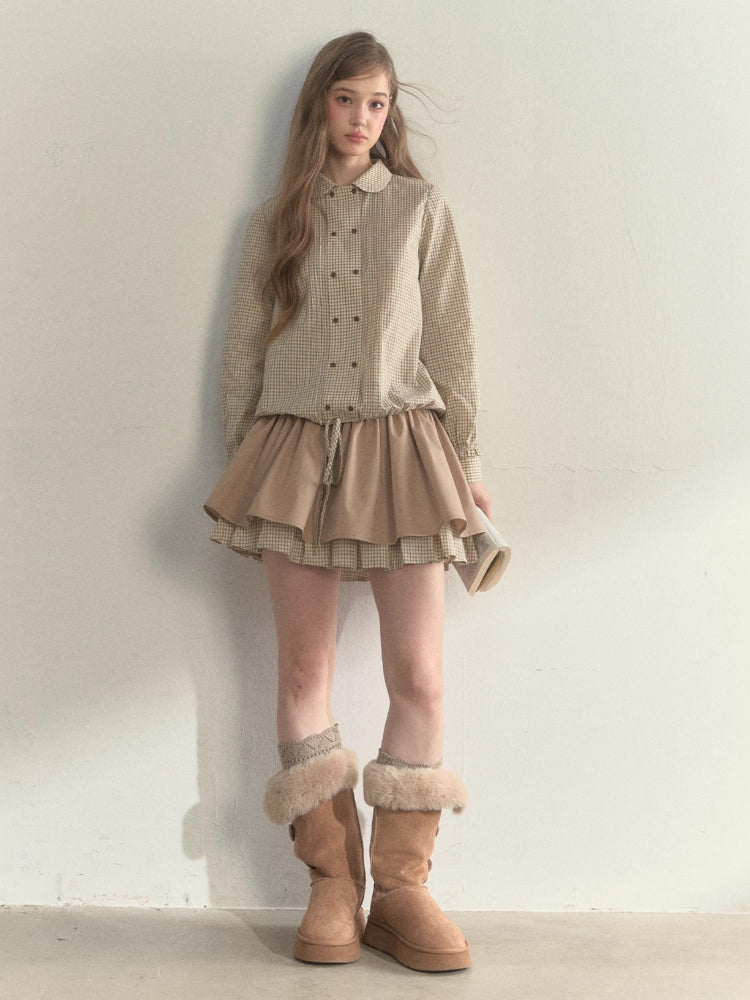 Khaki Two-Layer Ruffle Skirt