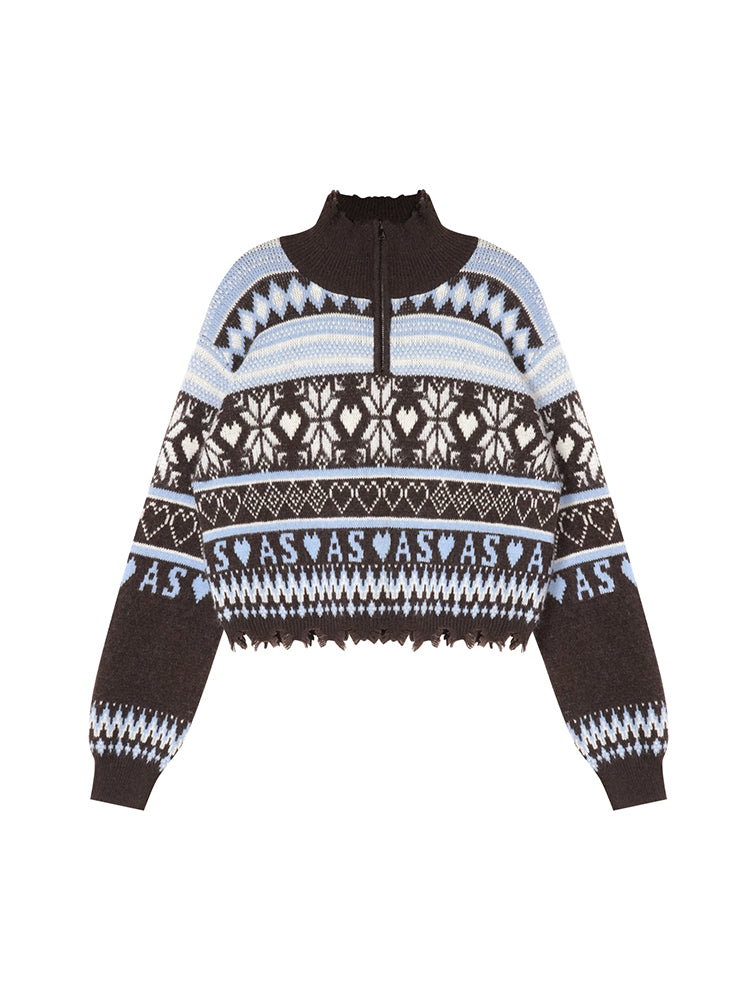 Fair Isle Half-Zip Fringed Knit Sweater