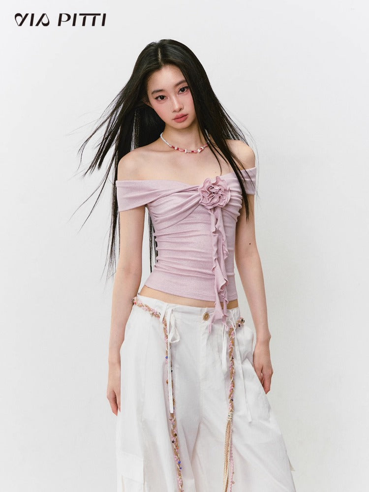 3D Rose One-shoulder Short-sleeve T-shirt