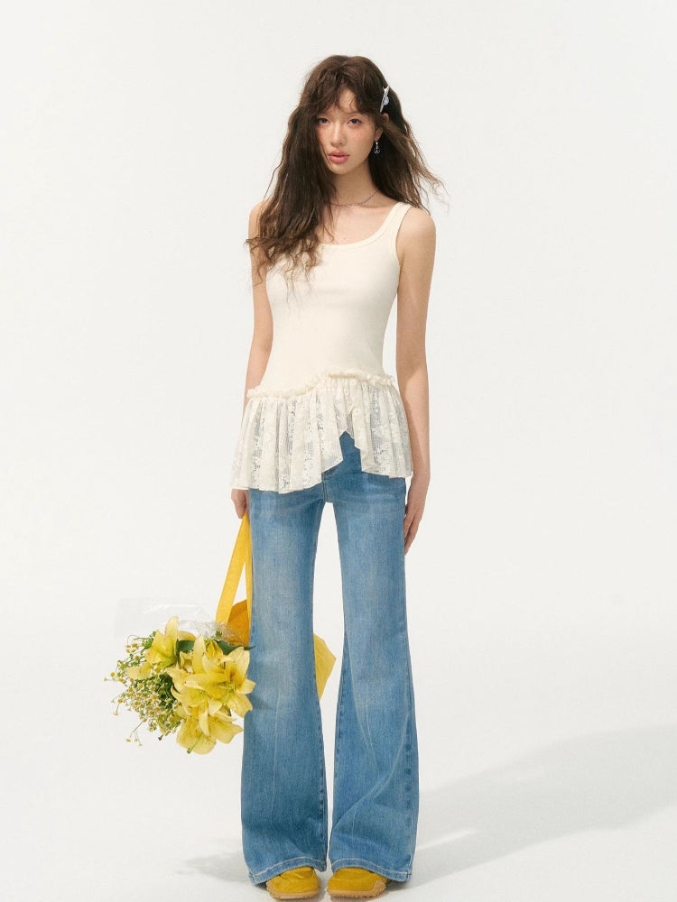 Light Blue Lace-Edge Patchwork Washed Denim Pants