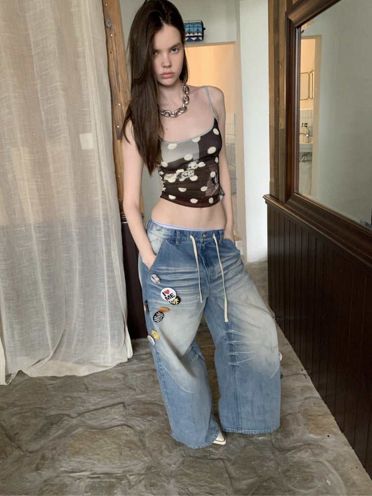 Light Blue Mud-Dyed Badge Wide-Leg Jeans