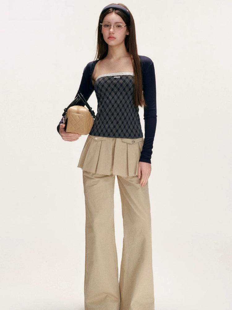 Contrast Lace-Trim Plaid Top Set
