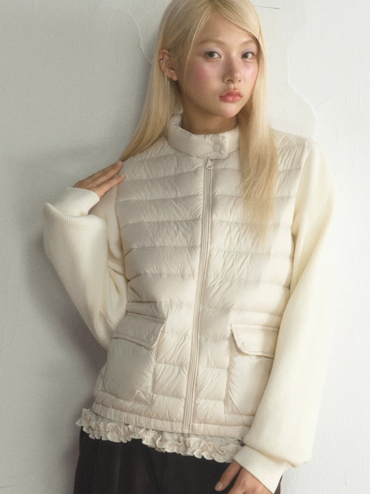 Stand Collar Knit Sleeve Down Jacket
