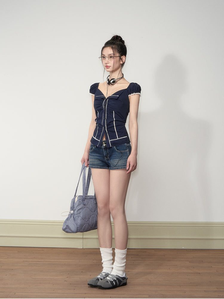 Lapel Waist-Cinching Lace Elastic Shirt