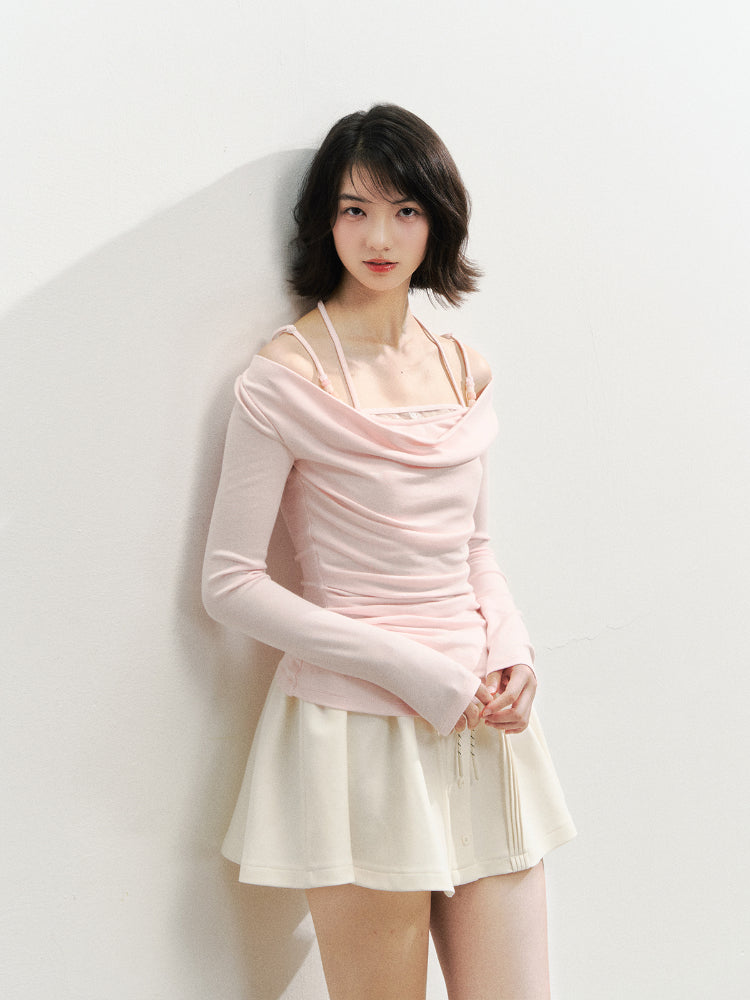 Beaded Halter Fake Two- Piece Long-Sleeve T-Shirt