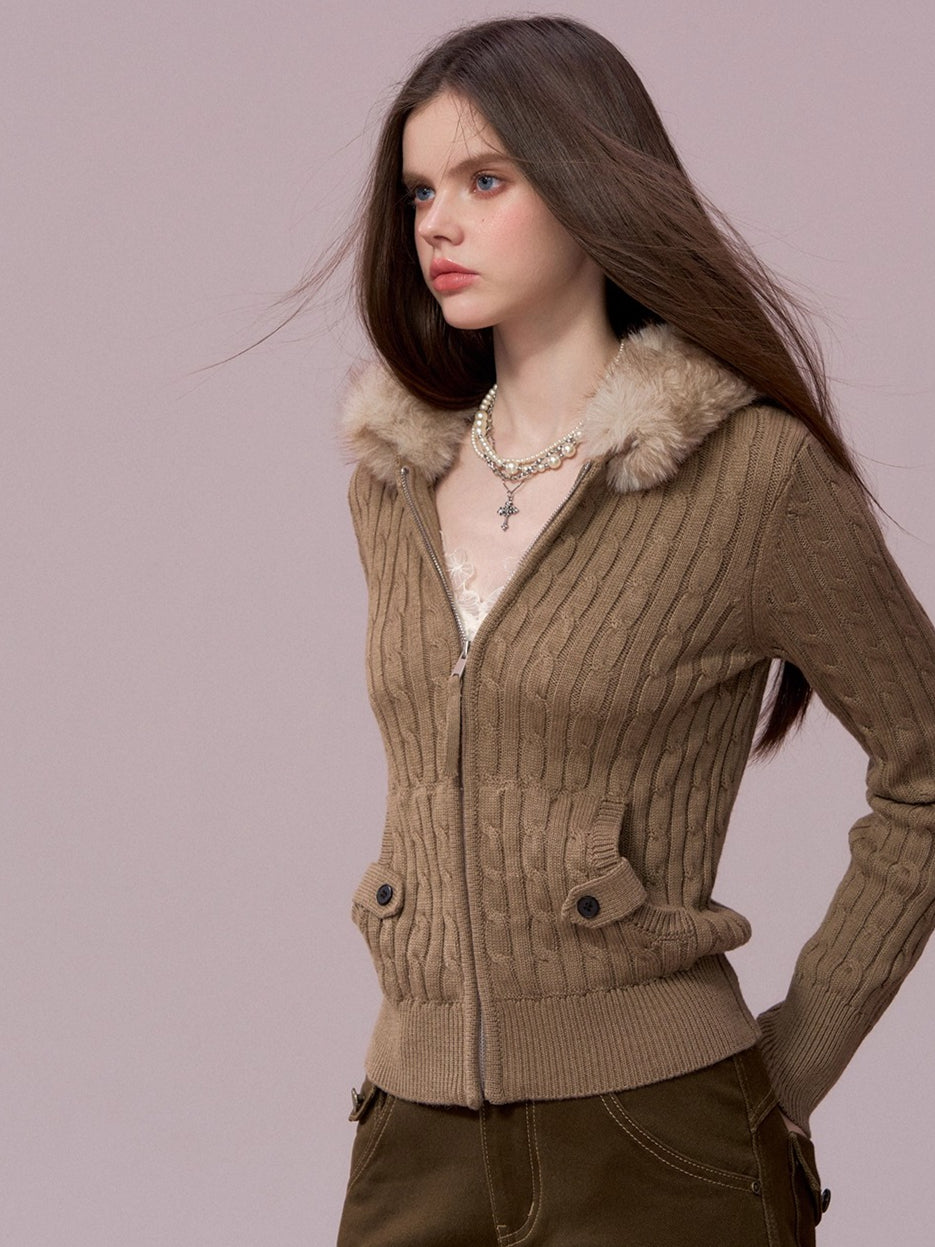 Faux Fur Collar Cable Knit Cardigan