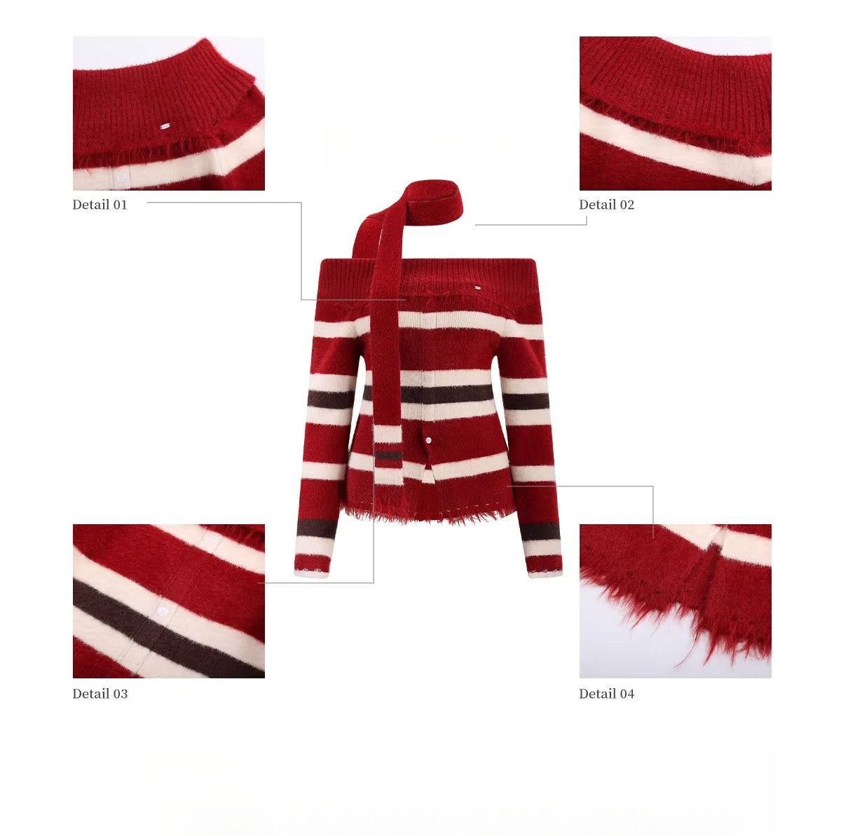 Red Off-Shoulder Contrast Stripe Knit Top