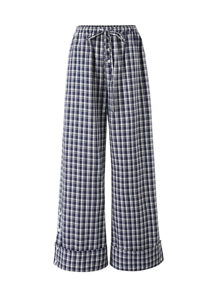Flapped Loose Navy Checkered Pants